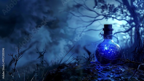 Spooky evening scene with a dazzling blue elixir perched on a sorceress land