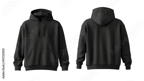 Black pullover hoodie mockup, front and back view, isolated on white