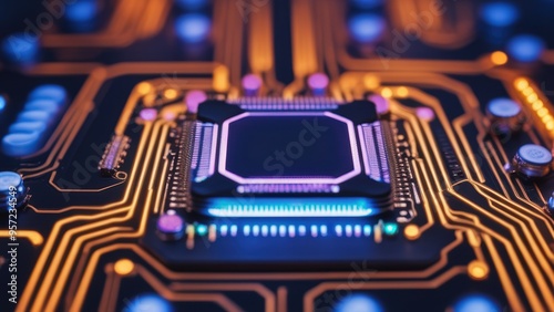 Close-up view of an electronic circuit board with a microprocessor at its center.