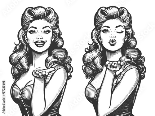 pin-up girl blowing a kiss and wink, classic retro style and flirtatious charm sketch engraving generative ai fictional character vector illustration. Scratch board imitation. Black and white image.