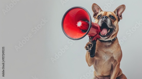 Funny dog scream announces discounts on pet products in animal shop. Pug shouts red megaphone, promo advertising. White isolated background. Fun joke. Puppy bark loudspeaker at studio. Loud speaker.