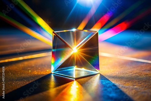 A cube of glass is illuminated by the sun, creating a beautiful rainbow effect. Concept of wonder and awe at the natural beauty of light and color