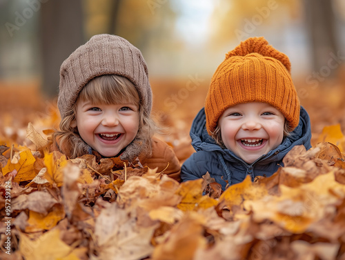 Two joyful young kids lie in a pile of colorful autumn leaves, grinning widely while wearing warm winter hats in a park filled with fall foliage