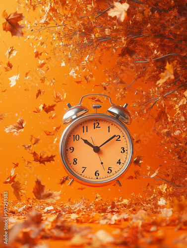 A classic silver alarm clock sits amidst swirling orange autumn leaves, evoking a warm seasonal feeling. The scene emphasizes the beauty of fall colors and the passage of time