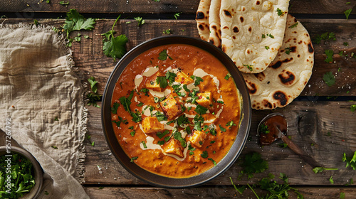 Shahi paneer served with tandoori roti on wooden background 