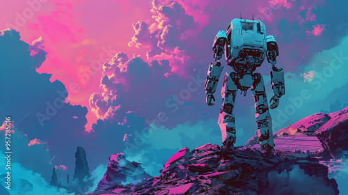 A futuristic mech suit standing on the surface of an alien planet, with strange rock formations and colorful skies.