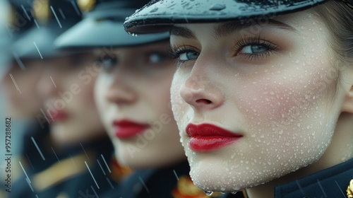 Cold white Russian women in uniforms with beautiful faces. Soldiers are standing for the completion ceremony at army recruit training center