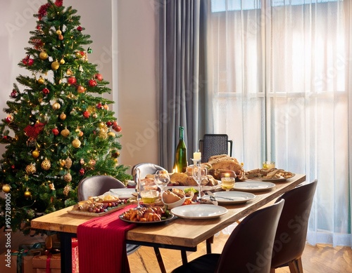 Un árbol de Navidad en la esquina del comedor, con una mesa llena de comida para la cena de Nochebuena; celebraciones