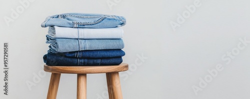 A stack of classic blue jeans arranged on a minimalist wooden stool, emphasizing the variety of washes and styles in denim fashion