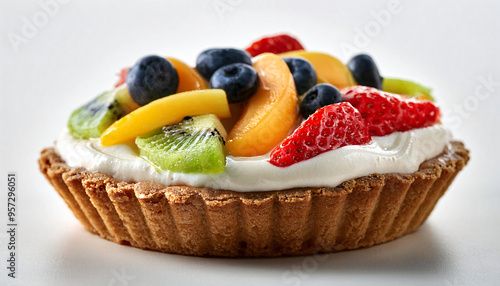 Single fruit tart with cream cheese filling on a white background