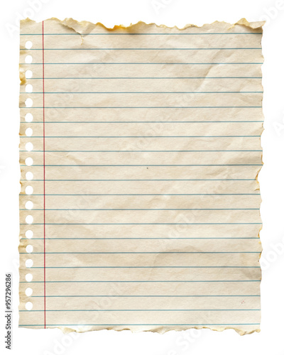 Torn vintage lined notebook paper with distressed edges and a textured surface, perfect for scrapbooking, background designs, or creative projects. Isolated on transparent background, png.