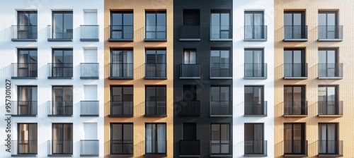 Modern apartment building facade with balconies and windows in a city, architectural detail