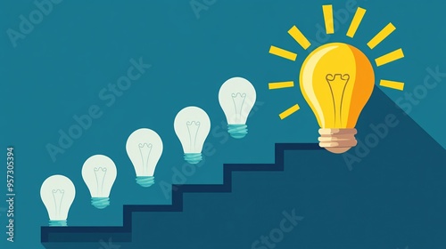 Light bulb with ascending steps, representing gradual growth through ideas, flat design illustration