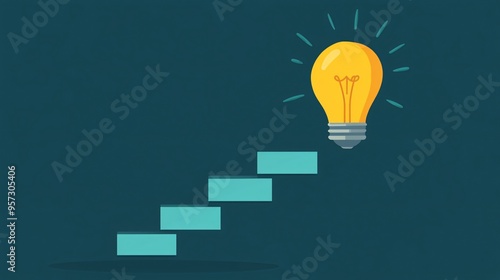 Light bulb with ascending steps, representing gradual growth through ideas, flat design illustration