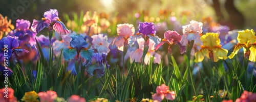 Colorful irises in a spring garden, 4K hyperrealistic photo