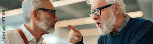 Two senior men engaged in a heated argument indoors, showcasing intense emotions and communication dynamics in an office setting.