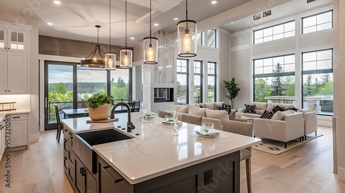 A kitchen and living room interior in a new luxury home with an open concept floor plan, featuring a large island with a farmhouse sink, captured in high-definition realism