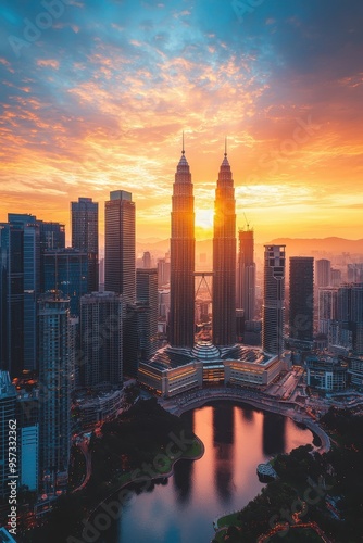 Majestic Skyline: Kuala Lumpur's Iconic Petronas Towers at Sunset