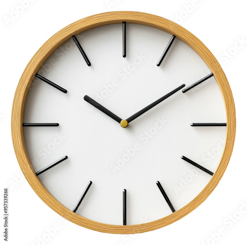 Modern wooden wall clock showing time in a minimalist design isolated on transparent background