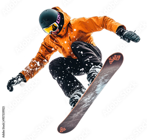 Snowboarder performing a jump in fresh powder on a winter day isolated on transparent background