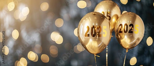 Luxury celebration new year's eve sylvester holiday background greeting card, golden balloons with 2025, number of new year, golden grey gray bokeh background 