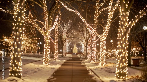 Magical Winter Wonderland in Park with Trees Wrapped in Christmas Lights for Holiday Season