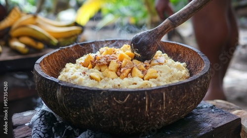 The national cuisine of Vanuatu: Nalot - breadfruit or bananas with coconut milk.