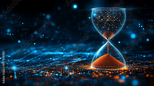 futuristic hourglass with glowing sand, set against a dark background. The slick design symbolizes time, change, and the passage of moments, creating a modern and captivating visual.