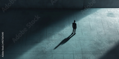 Lone figure in dramatic lighting casts long shadow on empty urban floor