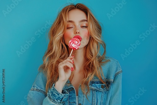 Woman with lollipop in front of blue background. Perfect for sweet and colorful lifestyle blogs, social media posts, and advertising.