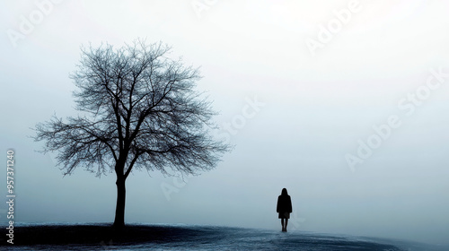 Silhouette of lonely girl in fog next to tree without leaves. Back view. Seasonal depression Awareness Month. Horizontal banner. Free space for text. Seasonal affective disorder (SAD)