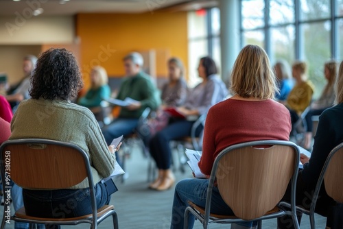 public forum or town hall meeting with citizens engaging in discussions, highlighting the democratic process of dialogue and community involvement, set in an open and inviting space