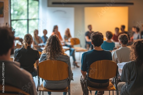 public forum or town hall meeting with citizens engaging in discussions, highlighting the democratic process of dialogue and community involvement, set in an open and inviting space