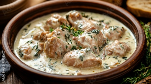 Hungarian national cuisine: Rabbit stewed in sour cream with herbs.