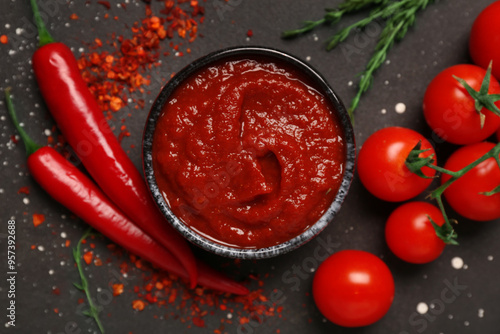 Bowl of chili sauce with fresh peppers, tomatoes and flakes on black background