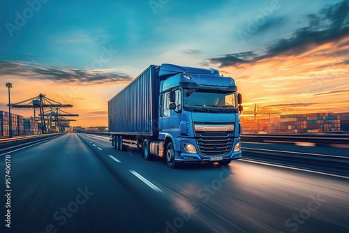 A blue truck driving on a highway near a port at sunset, with shipping containers and cranes in the background