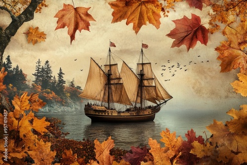 commemorative plaque or sign for Mayflower Day, set against a backdrop of autumn foliage or a traditional New England landscape