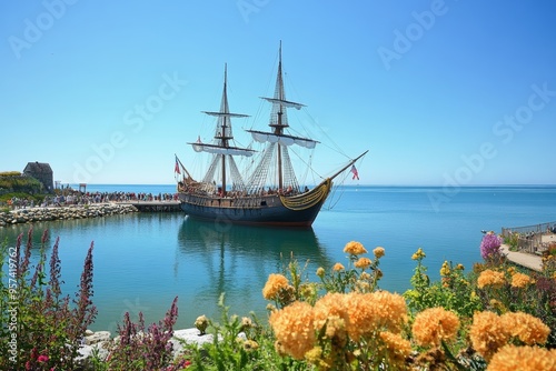 historical replica of the Mayflower ship docked at picturesque harbor, with clear sky and calm waters