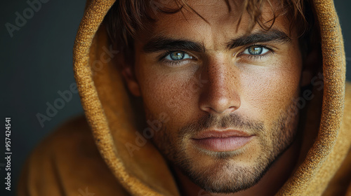 Closeup studio shot of a handsome young man with intense blue eyes and tanned skin, wearing a brown hooded sweatshirt. Model, fashion, rugged look