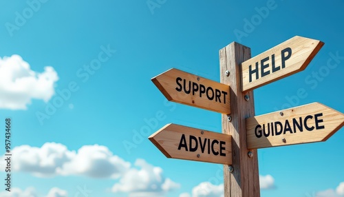 Wooden signpost with arrows pointing towards help, guidance, support, and advice against a bright blue sky with clouds.