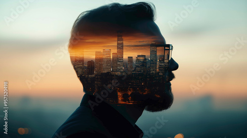 A silhouette of a man with a city skyline superimposed on his profile, symbolizing the connection between human ambition, urban life, and the pursuit of dreams in a modern world.