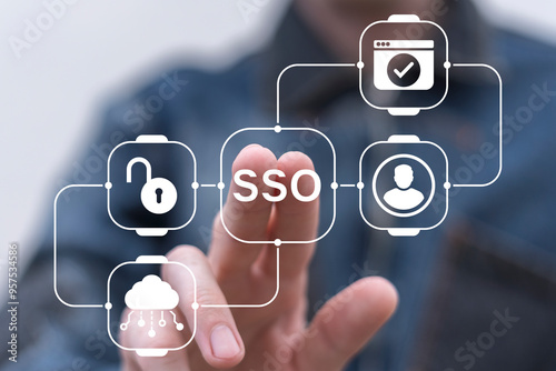 Single Sign On ( SSO ) concept. SSO Single Sign-On is an authentication process that allows a user to access multiple applications or services with a single set of login credentials.