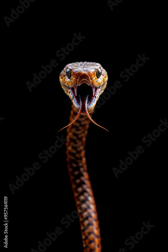 serpent dressé, la bouche ouverte, crochets et langue crochue sortie, en position d'attaque - fond noir