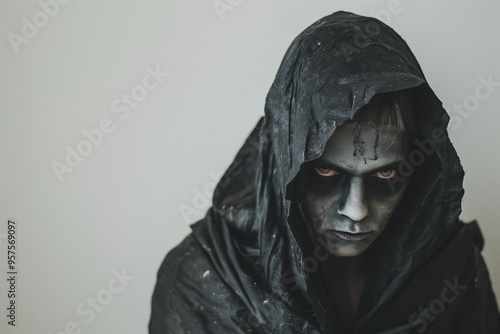 Evil Acolyte Costume Featuring White Face Paint Black Robes and Dark Rituals for Halloween Spooky Magic Powers