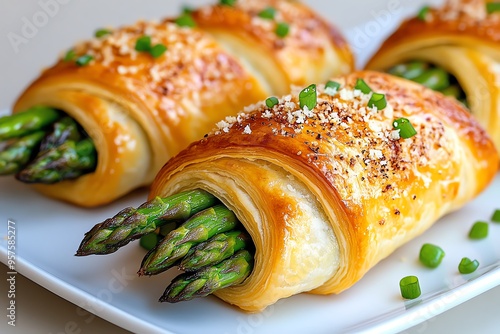 Tapas bite of asparagus wrapped in puff pastry with parmesan, captured in a photo where tender asparagus spears are wrapped in flaky puff pastry, sprinkled with parmesan cheese, and baked until