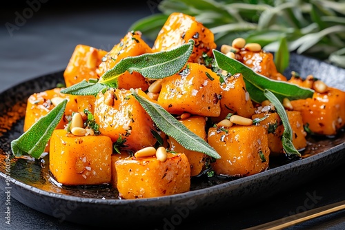 Tapas bite of roasted butternut squash with sage and garlic, depicted in an artwork where roasted butternut squash cubes are tossed with sage and garlic, served on a rustic platter with a sprinkle