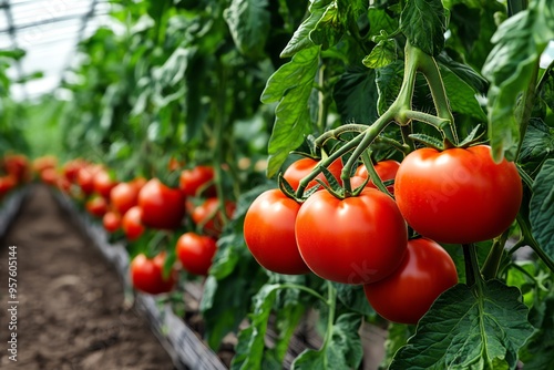 Tomato Growing, Farming, and Harvest visualized in a field where rows of tomato plants are being carefully tended, with ripe tomatoes ready to be picked