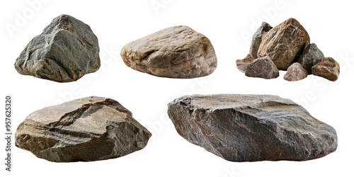 Set of five different rocks isolated on transparent background.