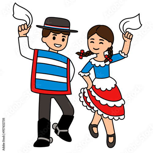 Chilean children dancing Cueca cartoon drawing