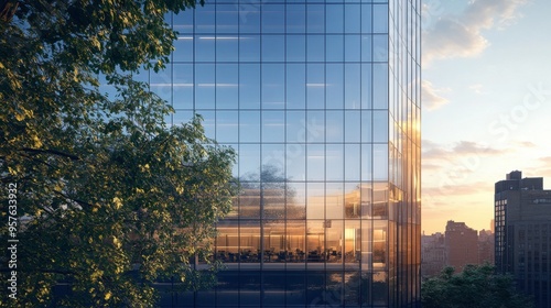 A modern high-rise office building with a sleek glass exterior, reflecting the surrounding urban landscape.